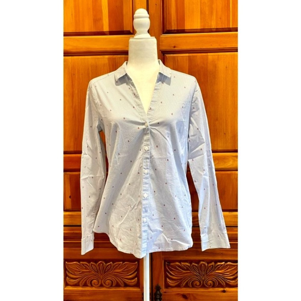 H + M Button Down Blouse w/ V-Neck - Blue/White Stripe w/Cherries Print - Sz 12